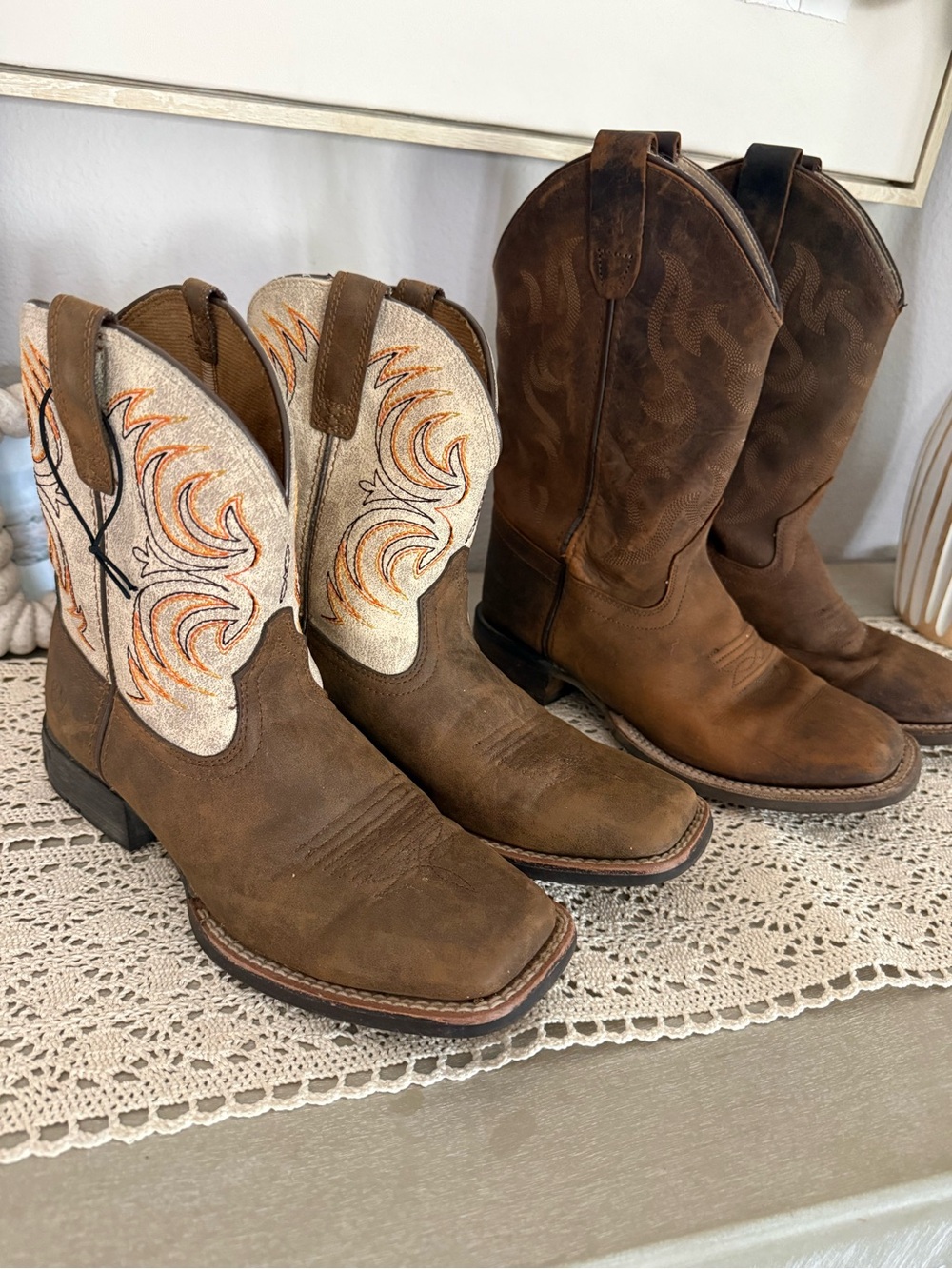 2 pairs-Boys Western Cowboy Boots with Embroidered Cream Shaft